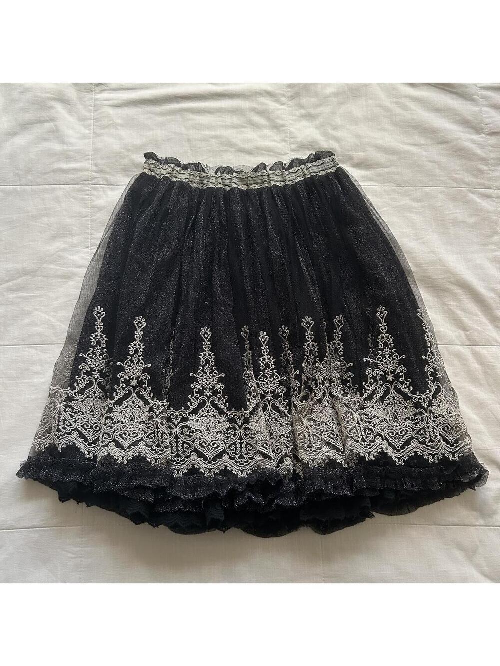 Axes Femme Black Tulle Midi Skirt Silver Embroidery Lace Trim Medium